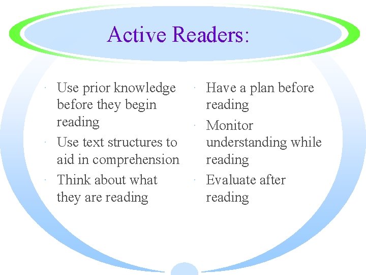 Active Readers: · Use prior knowledge · Have a plan before they begin reading