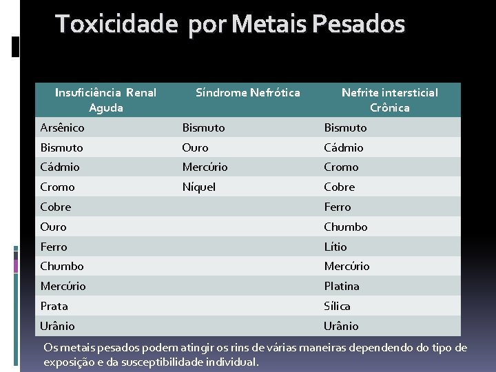 Toxicidade por Metais Pesados Insuficiência Renal Aguda Síndrome Nefrótica Nefrite intersticial Crônica Arsênico Bismuto