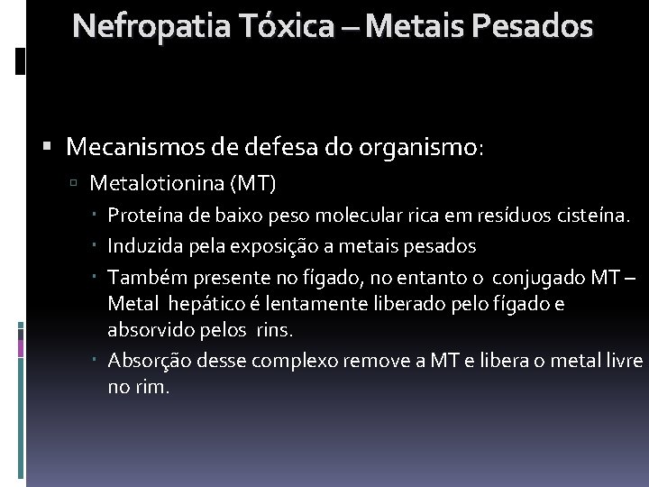 Nefropatia Tóxica – Metais Pesados Mecanismos de defesa do organismo: Metalotionina (MT) Proteína de