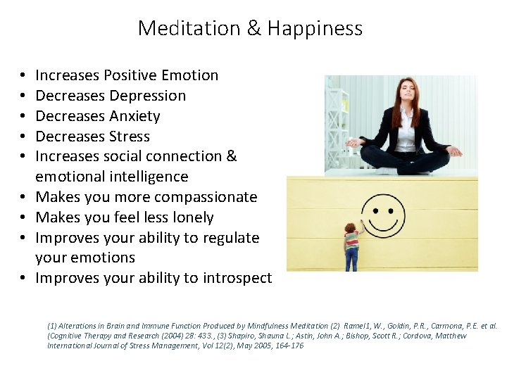Meditation & Happiness • • • Increases Positive Emotion Decreases Depression Decreases Anxiety Decreases Meditation & Happiness • • • Increases Positive Emotion Decreases Depression Decreases Anxiety Decreases