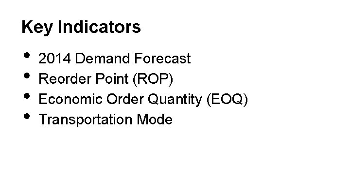 Key Indicators • • 2014 Demand Forecast Reorder Point (ROP) Economic Order Quantity (EOQ)