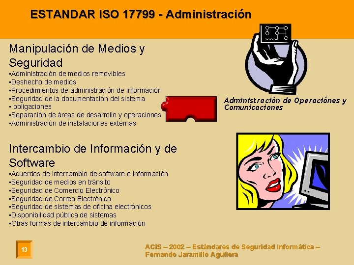 ESTANDAR ISO 17799 - Administración Manipulación de Medios y Seguridad • Administración de medios