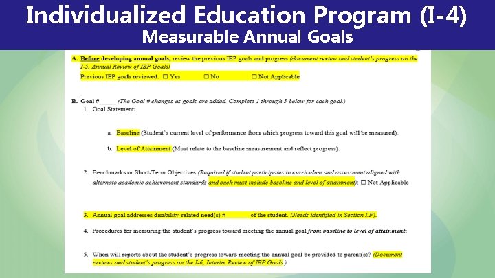Individualized Education Program (I-4) Measurable Annual Goals Individualized Education Program (I-4) Measurable Annual Goals