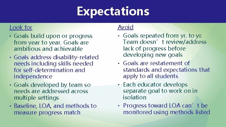 Expectations Look for • Goals build upon or progress from year to year. Goals Expectations Look for • Goals build upon or progress from year to year. Goals