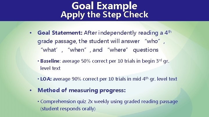 Goal Example Apply the Step Check • Goal Statement: After independently reading a 4 Goal Example Apply the Step Check • Goal Statement: After independently reading a 4