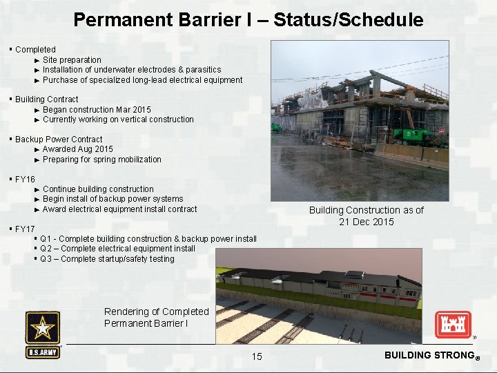 Permanent Barrier I – Status/Schedule § Completed ► Site preparation ► Installation of underwater