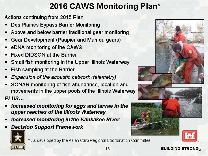 2016 CAWS Monitoring Plan* Actions continuing from 2015 Plan § Des Plaines Bypass Barrier