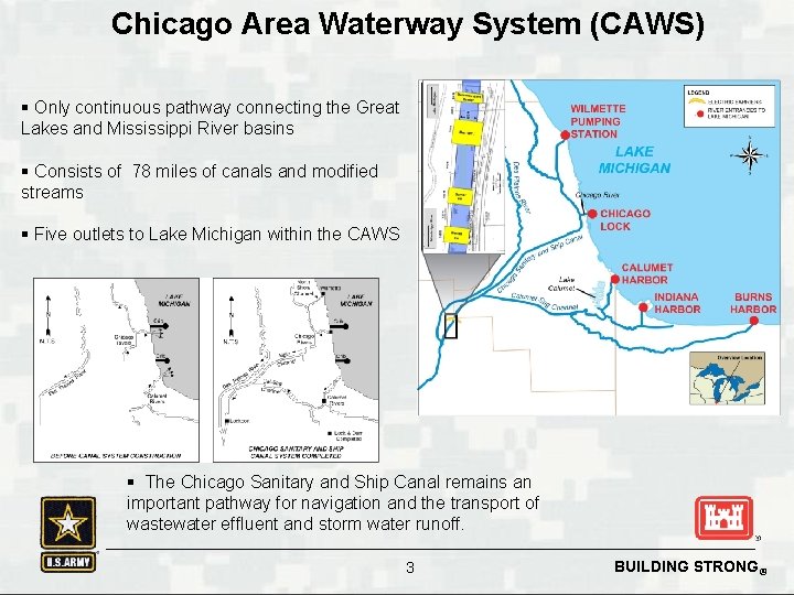 Chicago Area Waterway System (CAWS) § Only continuous pathway connecting the Great Lakes and