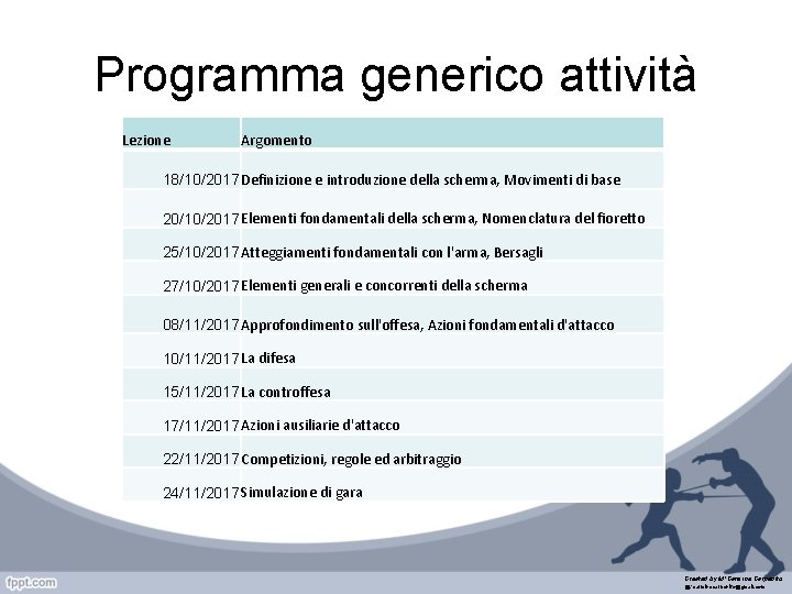 Programma generico attività Lezione Argomento 18/10/2017 Definizione e introduzione della scherma, Movimenti di base