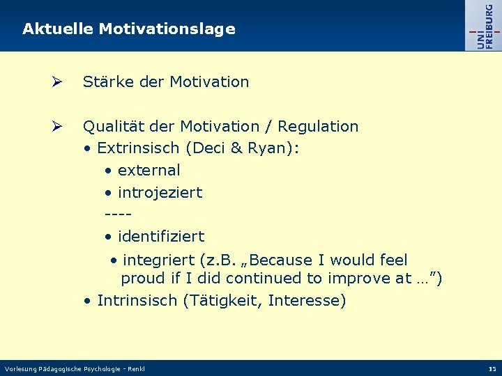 Aktuelle Motivationslage Ø Stärke der Motivation Ø Qualität der Motivation / Regulation • Extrinsisch