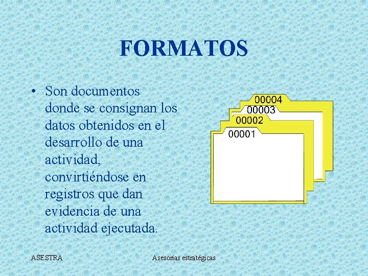 FORMATOS • Son documentos donde se consignan los datos obtenidos en el desarrollo de