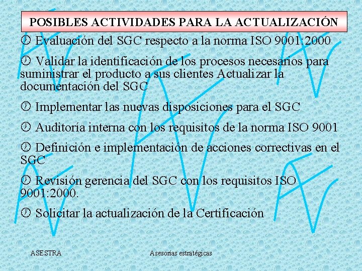 POSIBLES ACTIVIDADES PARA LA ACTUALIZACIÓN ½ Evaluación del SGC respecto a la norma ISO