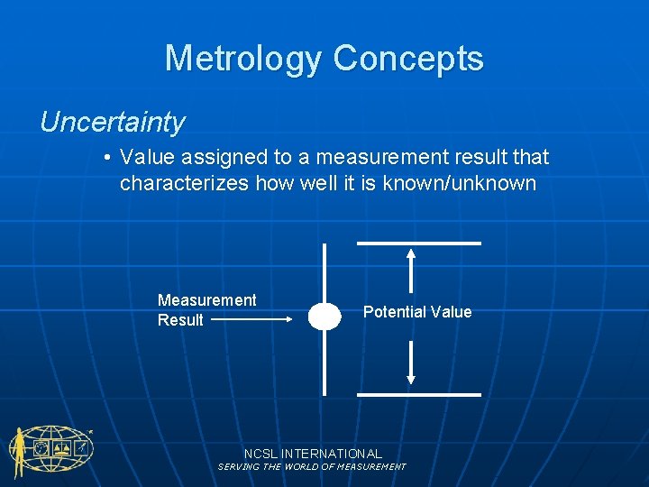 Metrology Concepts Uncertainty • Value assigned to a measurement result that characterizes how well