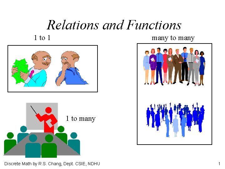 Relations and Functions 1 to 1 many to many 1 to many Discrete Math