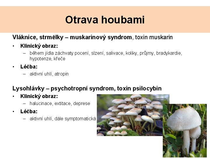 Otrava houbami Vláknice, strmělky – muskarinový syndrom, toxin muskarin • Klinický obraz: – během