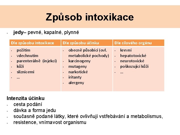 Způsob intoxikace jedy– pevné, kapalné, plynné • Dle způsobu intoxikace • • • požitím