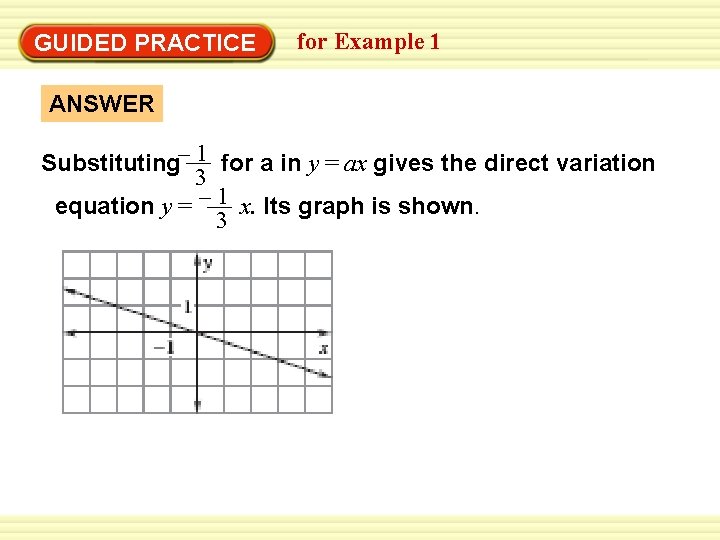 GUIDED PRACTICE for Example 1 ANSWER Substituting– 1 for a in y = ax GUIDED PRACTICE for Example 1 ANSWER Substituting– 1 for a in y = ax