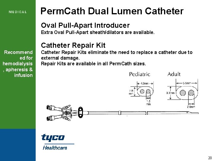 Perm. Cath Dual Lumen Catheter Oval Pull-Apart Introducer Extra Oval Pull-Apart sheath/dilators are available.