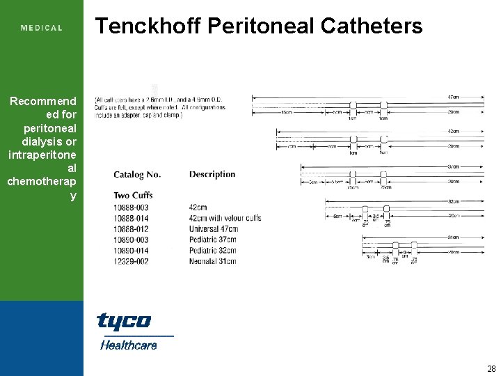 Tenckhoff Peritoneal Catheters Recommend ed for peritoneal dialysis or intraperitone al chemotherap y 28