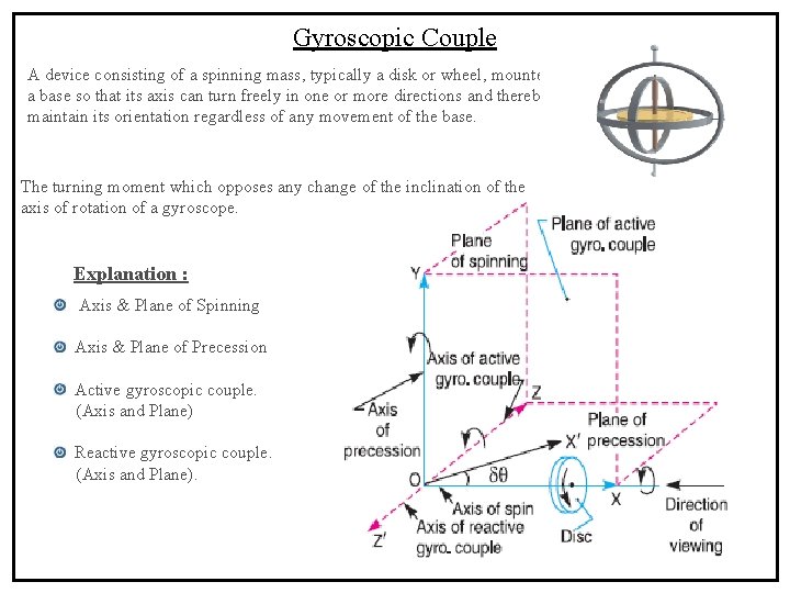 Gyroscopic Couple A device consisting of a spinning mass, typically a disk or wheel,