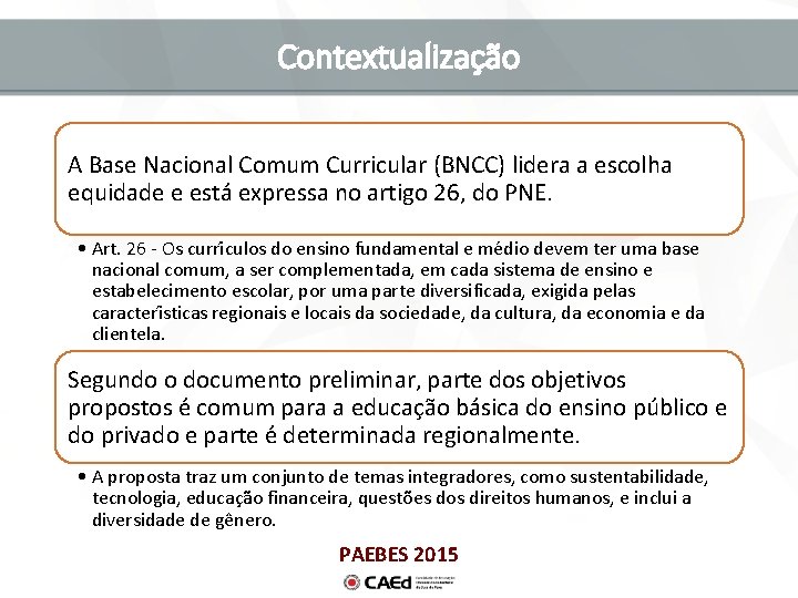 Contextualização A Base Nacional Comum Curricular (BNCC) lidera a escolha equidade e está expressa