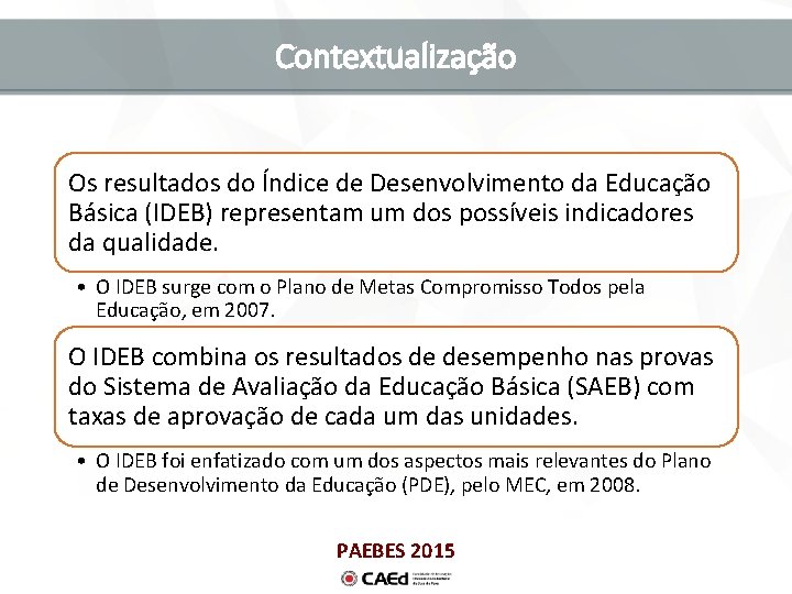 Contextualização Os resultados do Índice de Desenvolvimento da Educação Básica (IDEB) representam um dos