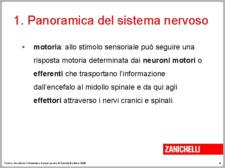 1. Panoramica del sistema nervoso • motoria: allo stimolo sensoriale può seguire una risposta