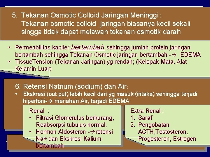 5. Tekanan Osmotic Colloid Jaringan Meninggi : Tekanan osmotic colloid jaringan biasanya kecil sekali