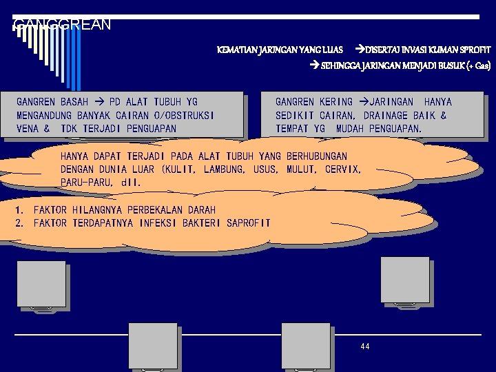 GANGGREAN KEMATIAN JARINGAN YANG LUAS DISERTAI INVASI KUMAN SPROFIT SEHINGGA JARINGAN MENJADI BUSUK (+