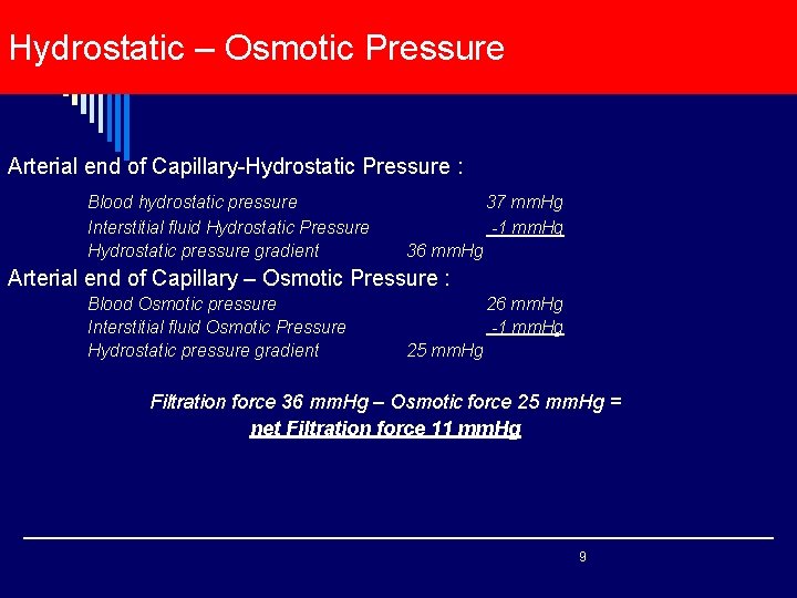 Hydrostatic – Osmotic Pressure Arterial end of Capillary-Hydrostatic Pressure : Blood hydrostatic pressure Interstitial Hydrostatic – Osmotic Pressure Arterial end of Capillary-Hydrostatic Pressure : Blood hydrostatic pressure Interstitial