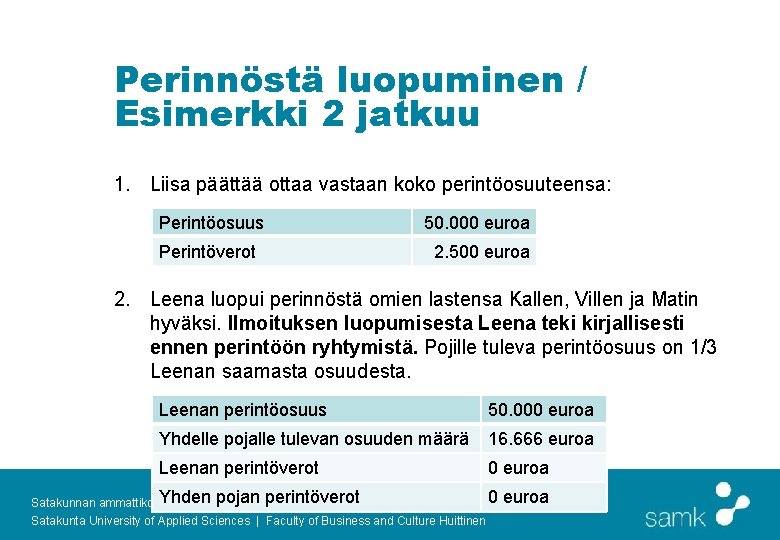 Perinnöstä luopuminen / Esimerkki 2 jatkuu 1. Liisa päättää ottaa vastaan koko perintöosuuteensa: Perintöosuus