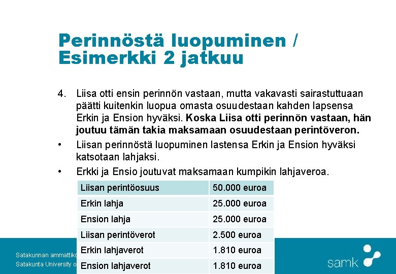 Perinnöstä luopuminen / Esimerkki 2 jatkuu 4. Liisa otti ensin perinnön vastaan, mutta vakavasti