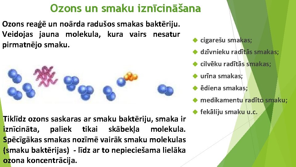 Ozons un smaku iznīcināšana Ozons reaģē un noārda radušos smakas baktēriju. Veidojas jauna molekula,