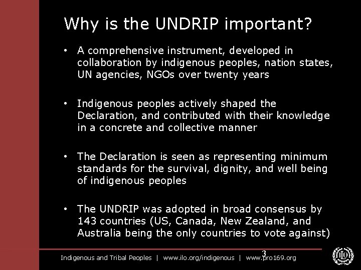 Why is the UNDRIP important? • A comprehensive instrument, developed in collaboration by indigenous