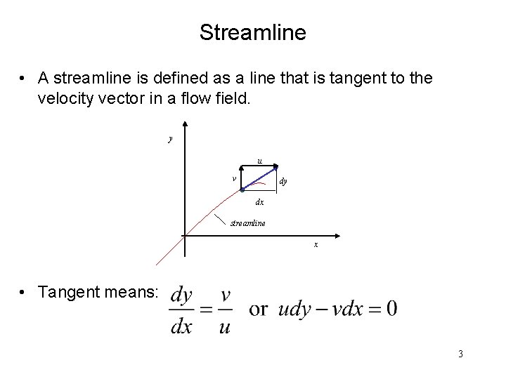 Streamline • A streamline is defined as a line that is tangent to the