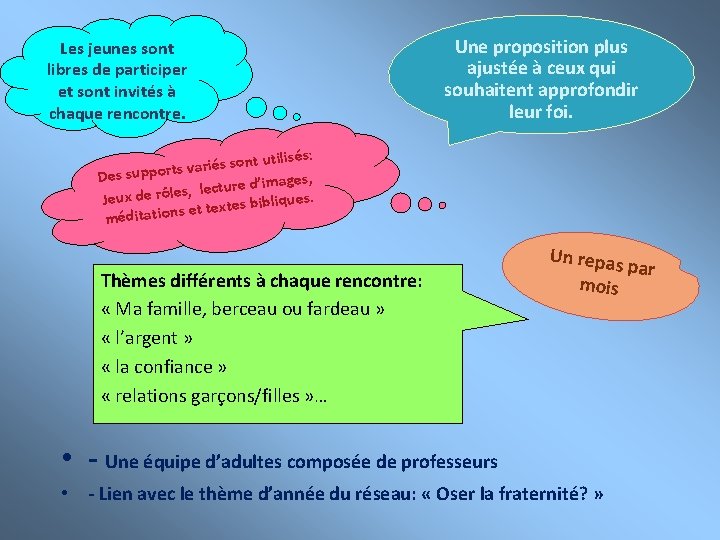 Les jeunes sont libres de participer et sont invités à chaque rencontre. Une proposition