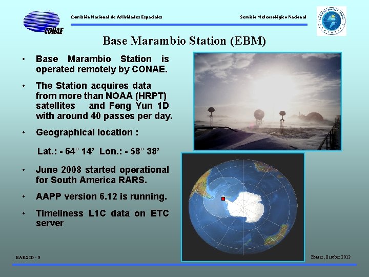 Comisión Nacional de Actividades Espaciales Servicio Meteorológico Nacional Base Marambio Station (EBM) • Base