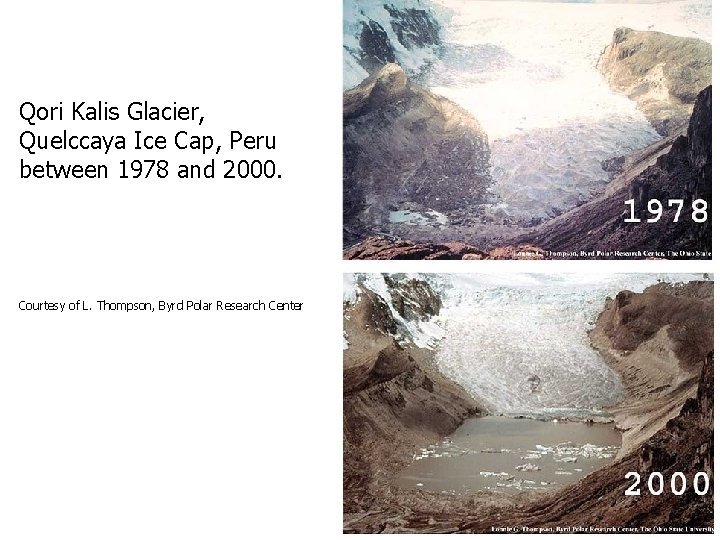 Qori Kalis Glacier, Quelccaya Ice Cap, Peru between 1978 and 2000. Courtesy of L. Qori Kalis Glacier, Quelccaya Ice Cap, Peru between 1978 and 2000. Courtesy of L.
