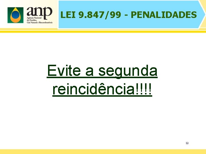 LEI 9. 847/99 - PENALIDADES Evite a segunda reincidência!!!! 12 