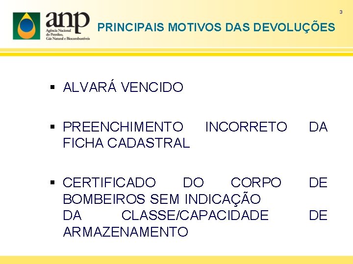 3 PRINCIPAIS MOTIVOS DAS DEVOLUÇÕES § ALVARÁ VENCIDO § PREENCHIMENTO FICHA CADASTRAL INCORRETO DA