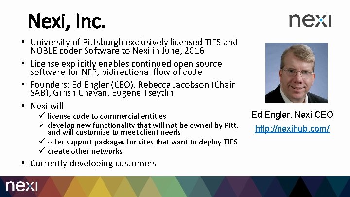 Nexi, Inc. • University of Pittsburgh exclusively licensed TIES and NOBLE coder Software to