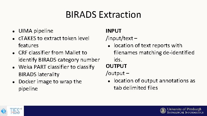 BIRADS Extraction UIMA pipeline c. TAKES to extract token level features CRF classifier from