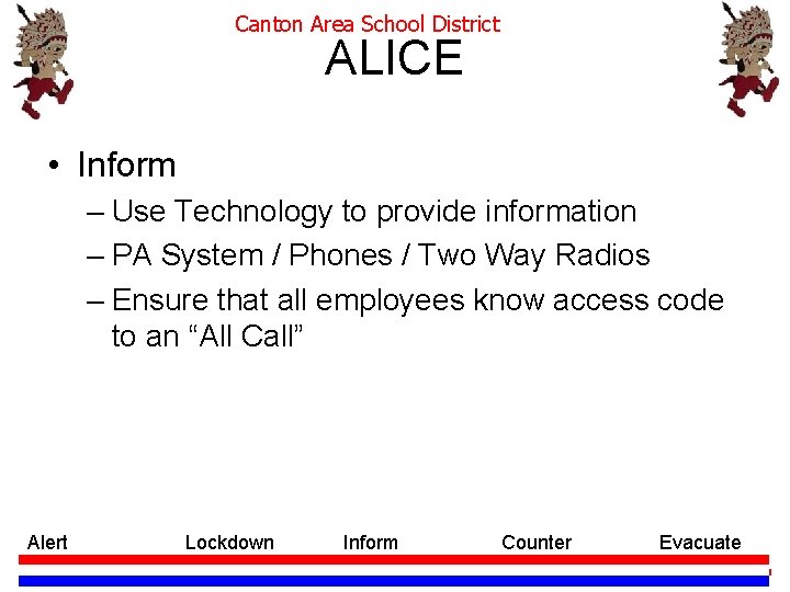 Canton Area School District ALICE • Inform – Use Technology to provide information –