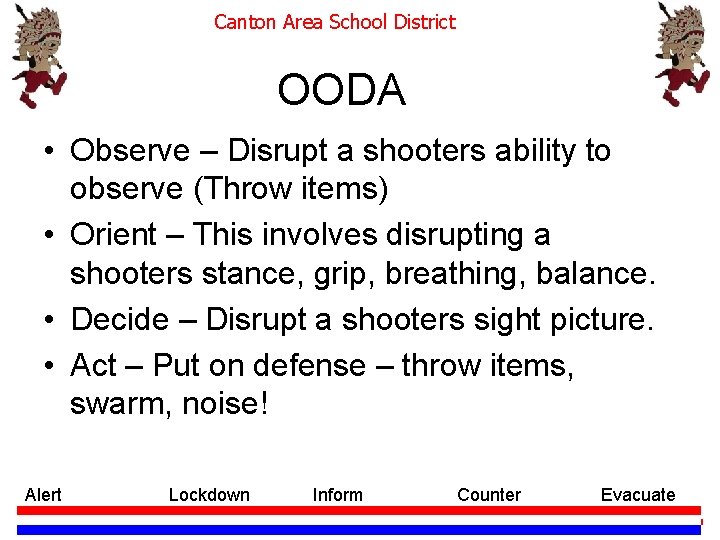 Canton Area School District OODA • Observe – Disrupt a shooters ability to observe