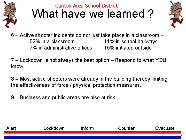 Canton Area School District What have we learned ? 6 – Active shooter incidents