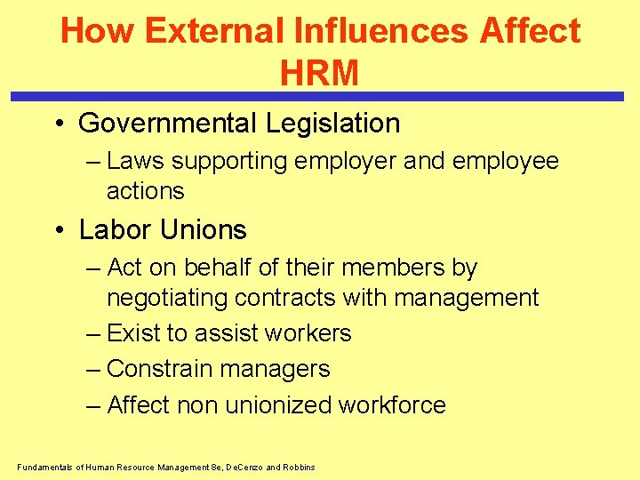 How External Influences Affect HRM • Governmental Legislation – Laws supporting employer and employee How External Influences Affect HRM • Governmental Legislation – Laws supporting employer and employee