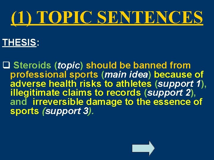 (1) TOPIC SENTENCES THESIS: q Steroids (topic) should be banned from professional sports (main