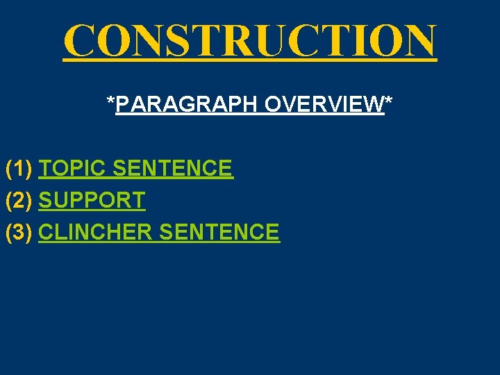 CONSTRUCTION *PARAGRAPH OVERVIEW* (1) TOPIC SENTENCE (2) SUPPORT (3) CLINCHER SENTENCE 