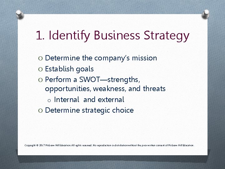 1. Identify Business Strategy O Determine the company’s mission O Establish goals O Perform