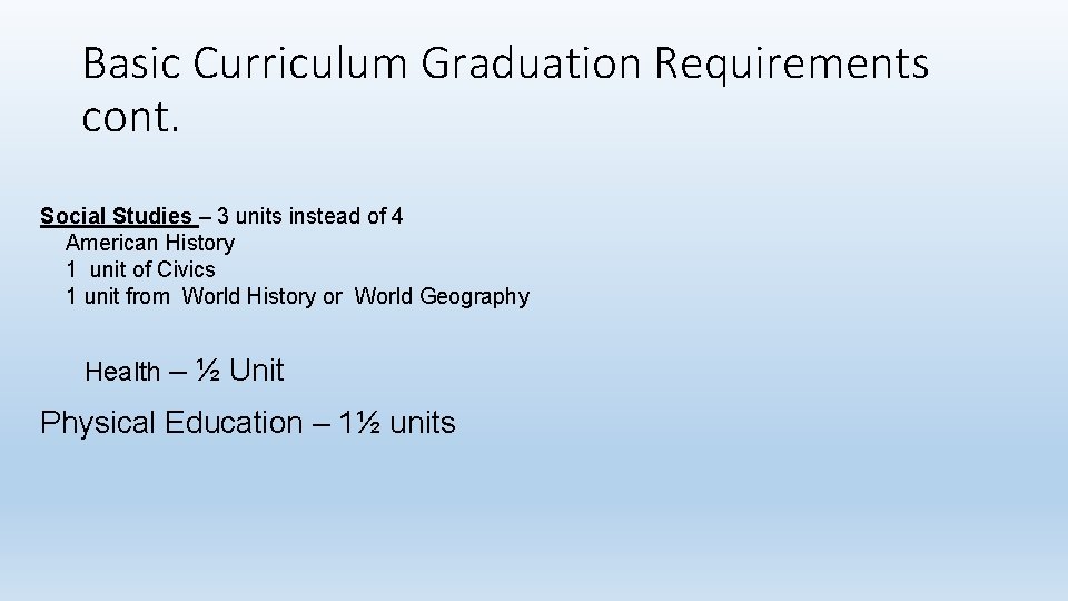Basic Curriculum Graduation Requirements cont. Social Studies – 3 units instead of 4 American